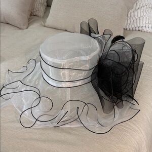 Elegant White Organza Kentucky Derby Wide-Brim Hat with Black Trim and Bow